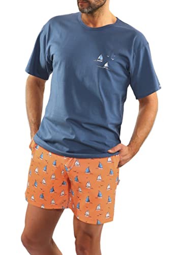 sesto senso Sommerpyjamas Herren Kurz Schlafanzug Baumwolle Pyjama Kurzarm Kurze Hose Zweiteilig Set Segelboot Orange Denim 3XL 2556/08 DRUK von sesto senso