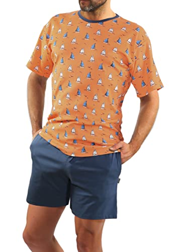 sesto senso Sommerpyjamas Herren Kurz Schlafanzug Baumwolle Pyjama Kurzarm Kurze Hose Zweiteilig Set Segelboot Orange Denim 3XL 2556/08 von sesto senso