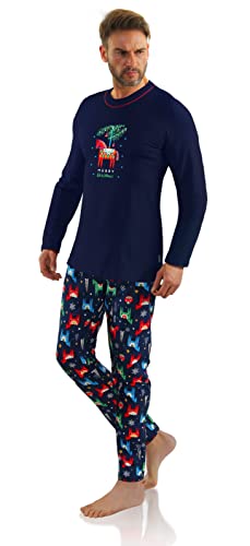 sesto senso Weihnachtsschlafanzuge Herren weihnachtspyjama Schlafanzug Lang Baumwolle Bündchen Langarm Shirt Zweiteilig Set Nachtwäsche XXL Pferd Dunkelblau 2643/01 von sesto senso