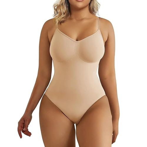 shapey Shapewear Damen Bauchweg Bodysuit Formender Body Shaper Sculpting mit Tanga und Verstellbarer Schultergurt - Body Shaper - Bodysuit Women - Skinny Body Damen (Beige, L) von shapey