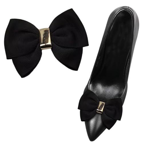 2 Stück schwarze Gurtband-Schleifen-Schuh-Clips, abnehmbare Damen-Schuhschnalle, Dekoration, elegante Schuhverzierung für Pumps, flache Schuhe, Schwarz, One Size, Baumwolle, Kein Edelstein von sheoklips