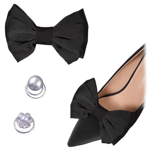 2 abnehmbare Satin-Schleifen-Schuh-Clips, modisches Schuhzubehör, Damen-Schuhdekoration, Charms, Haarspangen für Hochzeit, Party, Schwarz, One Size, Baumwolle, Kein Edelstein von sheoklips