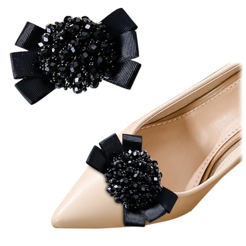 Schuhclips mit Schleife, modische Perlenstickerei, Schuhdekoration, abnehmbare Strass-Schuhschnalle für Damen, High Heels, Schwarz, 2 Stück, One Size, Baumwolle, Kein Edelstein von sheoklips