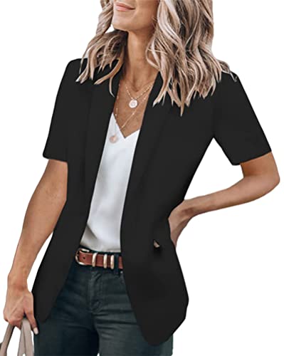 shownicer Blazer Damen Elegant Kurzarm Blazer Einfarbig Revers Slim Fit Geschäft Büro Jacke Mantel Casual Anzüge Business Bolero Sakko A Schwarz L von shownicer