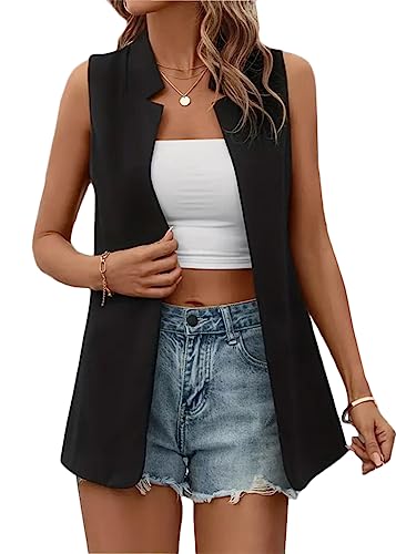 shownicer Blazer Damen Elegant Kurzarm Frühlings Sommer Anzüge Jacke Einfarbig Revers Slim Fit Geschäft Büro Mantel Casual Anzüge Business Bolero Sakko Ärmellos Blazer Jacke A Schwarz 3XL von shownicer