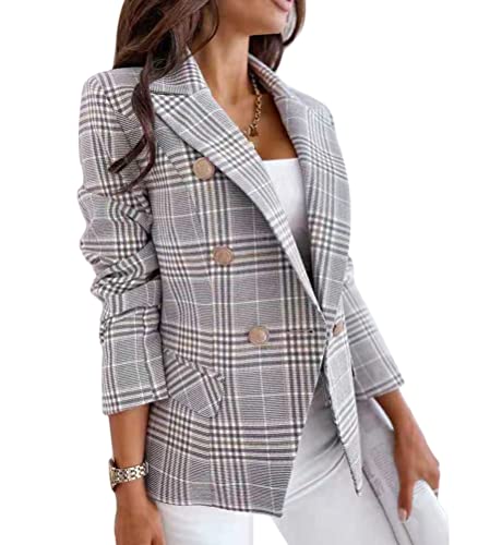 shownicer Blazer Damen Tailliert Blazer Elegant Anzugjacke Büro Office Suit Langarm Business Anzüge Casual Mode Zweireihig Blazer Mäntel Geschäft Outwear E Grau M von shownicer