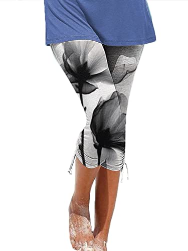 shownicer Caprihose Damen Sommer Capri-Leggings Stretch Sporthose 3/4 Trainingshose Mit Seitlicher Kordelzug Sport-Laufhose Outdoor Hosen Freizeithose B Weiß09 XXL von shownicer