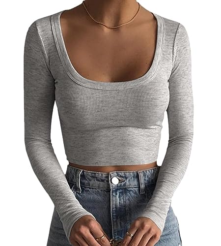 shownicer Crop Tops Damen T-Shirt Bauchfrei Oberteile Quadratischem Kragen Langarmshirt Cropped Top Basic Pullover Langarm Shirts Elegant Streetwear A Hellgrau M von shownicer