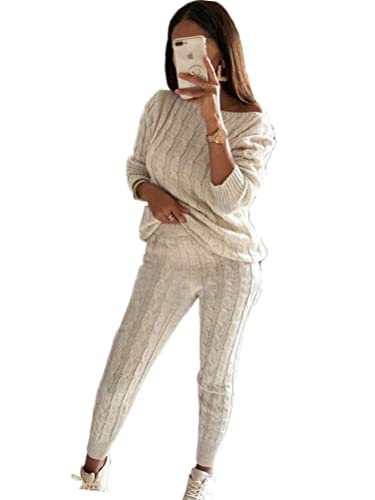 shownicer Damen 2 Stück Strickanzug Langarm Strickpullover Und Lange Jogginghose Zweiteilige Schulterfrei Beiläufig Outfit Freizeitanzug Sportanzug Loungewear Set Trainingsanzug A Beige M von shownicer