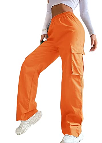 shownicer Damen Baggy Cargohose Tiefer Bund Y2k Lockeren Jogginghose mit Kordelzug Oversized Hippie Punk Streetwear E-Girl Breites Bein Freizeithose A Orange L von shownicer