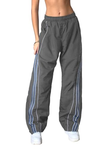 shownicer Damen Baggy Hose Cargohose Y2K Track Pants Streetwear Elastische Taille Hose Low Waist Freizeithose Vintage Oversize 90er E-Girl Breite Trousers Jogginghose A Grau XS von shownicer