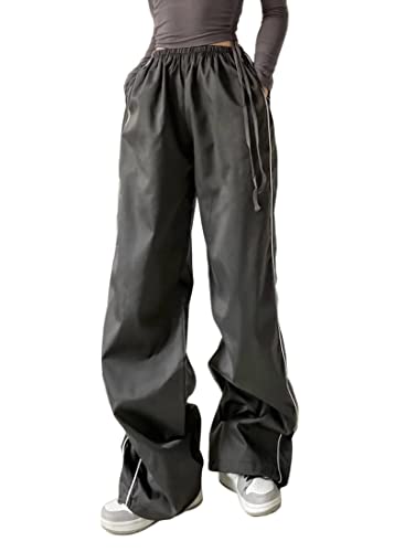 shownicer Damen Baggy Hose Cargohose Y2K Track Pants Streetwear Elastische Taille Hose Low Waist Freizeithose Vintage Oversize 90er E-Girl Breite Trousers Jogginghose E Grau XS von shownicer