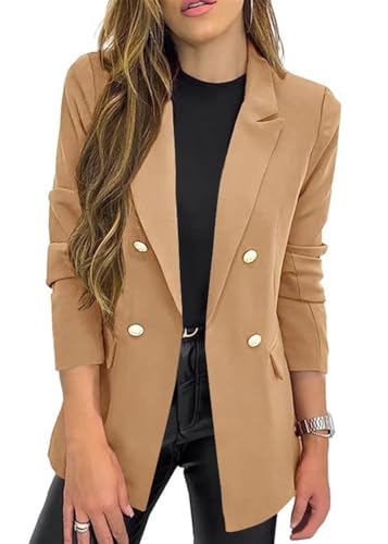 shownicer Damen Blazer Casual Open Front Cardigan Langarm Elegant Blazer Sakko Einfarbig Slim Fit Revers Geschäft Büro Jacke Kurz Mantel Anzüge Bolero mit Tasche A Khaki L von shownicer