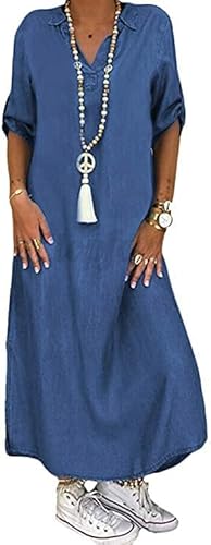 shownicer Damen Boho Jeanskleid Sommerkleid Frauen Casual Loose Jeans Kleider V-Ausschnitt Lange Ärmel Einfarbig Faltenrock A-Linie Maxi Denimkleid Tunika Hemd Blusenkleid B Hellblau L shownicer Damen Boho Jeanskleid Sommerkleid Frauen Casual Loose Jeans Kleider V-Ausschnitt Lange Ärmel Einfarbig Faltenrock A-Linie Maxi Denimkleid Tunika Hemd Blusenkleid B Hellblau L von shownicer