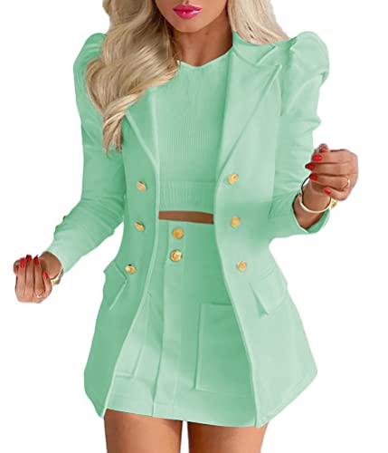 shownicer Damen Business 2-teiliger Anzug Rock Anzug Zweiteiler Elegant Einfarbig Anzug Set Puffärmel Blazer Anzugjacke und A-Linie Rock A Grün S von shownicer