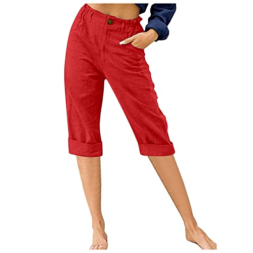 shownicer Damen Caprihose 3/4 Jogginghose High Waist Sporthose Yoga Fitness Freizeithose Sweathose Baggy Elastischen Kordelzug Shorts mit Taschen A Rot L von shownicer