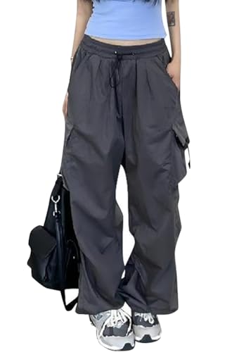 shownicer Damen Cargohose Baggy Weites Bein Hose Y2K Track Pants Vintage Hohe Taille Elastische Freizeithose mit Taschen Teenager Hippie Jogginghose Sweathose Harajuku Streetwear A Grau M von shownicer