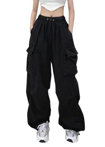 shownicer Damen Cargohose Baggy Weites Bein Hose Y2K Track Pants Vintage Hohe Taille Elastische Freizeithose mit Taschen Teenager Hippie Jogginghose Sweathose Harajuku Streetwear A Schwarz M von shownicer