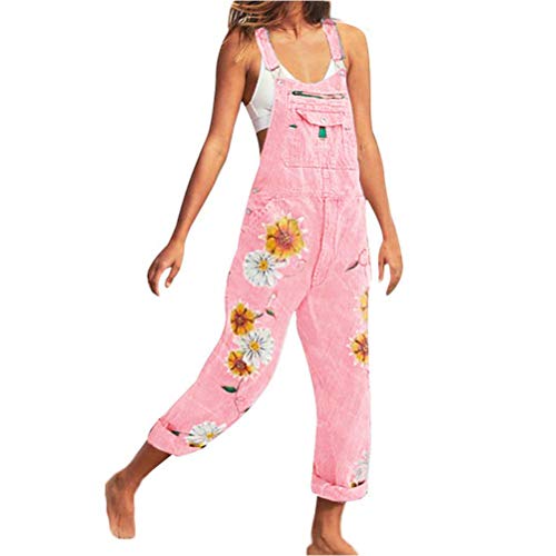 shownicer Damen Denim Jeans Latzhose Overall Blumen Jeansoptik Klasse Vintage Jeans Lang Lässig Baggy Stylisch Jumpsuit Hüftjeans Z2-Rosa 46 von shownicer