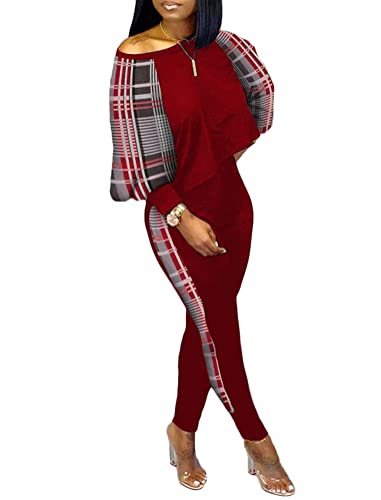 shownicer Damen Elegant Business Anzug Set Hosenanzug Hose 2-teilig Anzug Karo Kariert Zweiteiler Slimfit Streetwear B Rot L von shownicer