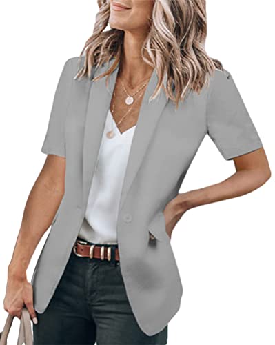 shownicer Damen Elegant Kurzarm Blazer Einfarbig Revers Slim Fit Geschäft Büro Jacke Mantel Casual Anzüge Business Bolero Sakko A Grau XXL von shownicer