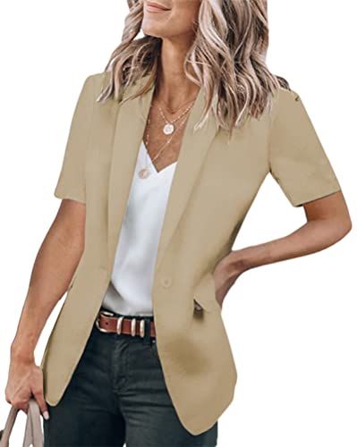 shownicer Damen Elegant Kurzarm Blazer Einfarbig Revers Slim Fit Geschäft Büro Jacke Mantel Casual Anzüge Business Bolero Sakko A Khaki 3XL von shownicer