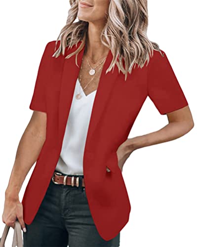 shownicer Damen Elegant Kurzarm Blazer Einfarbig Revers Slim Fit Geschäft Büro Jacke Mantel Casual Anzüge Business Bolero Sakko A Rot M von shownicer