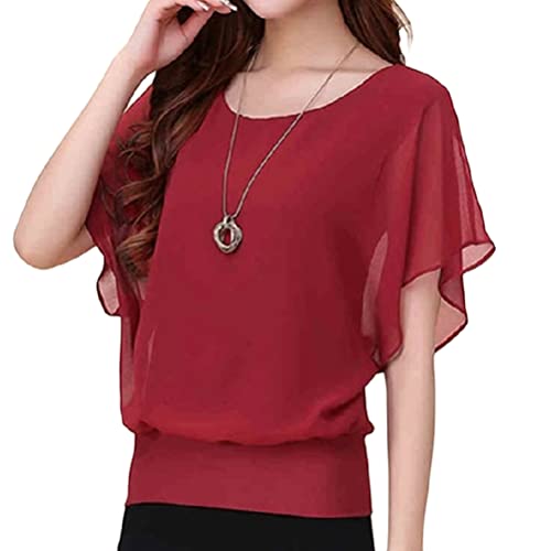 shownicer Damen Fledermaus Batwing Chiffonbluse Kurzarm Rundhals Tunika T-Shirt Top Bluse Sommer Casual Loose Fit Tops Oberteile mit Kurzen Flatter ärmel Rot XXL von shownicer