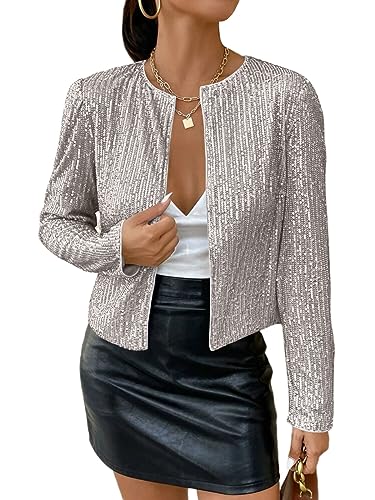 shownicer Damen Glänzend Pailletten Blazer Jacke Langarm Cardigan Tops Kurz Oberteile Eleganter Blazer Glitzer Clubwear Outfits Party Tops A Grau XL von shownicer