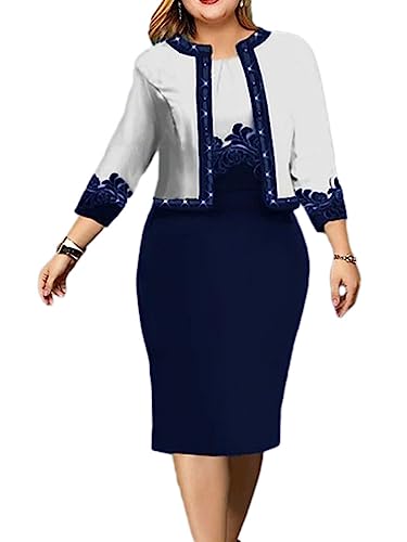 shownicer Damen Große Größen Abendkleid 3/4 Arm Bodycon Kleid Zweiteiliges Set Vintage Print Midi Kleider Bleistiftkleid Cocktailkleid mit Kurz Jacke A Blau XL von shownicer