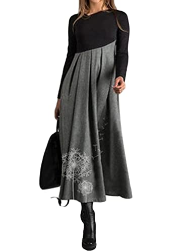 shownicer Damen Herbst Winter Freizeit Langarm Maxi Boho Print Kleid Elegante Pulloverkleid Langarm Lose Rundhals Tunika Kleid Hohe Taille Swing Maxikleid B Grau 3XL von shownicer