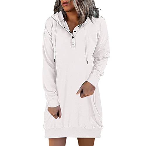 shownicer Damen Hoodie Kleider Button Down V-Ausschnitt Langarm Slim Fit PulloverKleid Lose Casual Sweatshirts Kapuzenpullover Herbst Mini Kleid Tops A Weiß L von shownicer