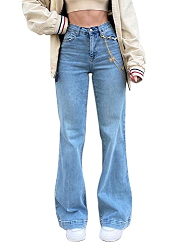 shownicer Damen Jeans Hose mit Hoher Taille Y2K Style Harajuku E-Girl Streetwear Hose Casual Baggy Vintage Flare Denim Hose Freizeit Loose Gerade Hosen A Blau XXL von shownicer