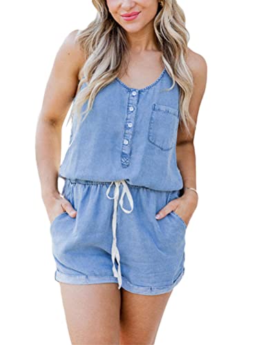 shownicer Damen Jeans Overall Kurz Jumpsuit Casual Loose Fit Denim Playsuit Sommer Einteiler Ärmellos Shorts Romper mit Taschen A Dunkelblau L von shownicer