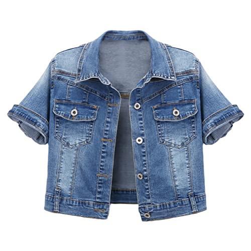 shownicer Damen Jeansjacke Übergangsjacke Leichte Jacke Denim Casual Vintage 3/4 Kurze Ärmel Kurz Schmal Blau Denim Jacke Tops Knopfleiste Crop Freizeitjacke C Blau 3XL von shownicer