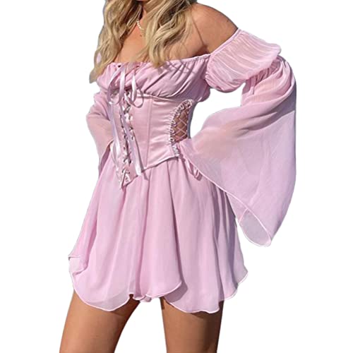 shownicer Damen Kleider Sexy Schulterfrei Blumen Sommerkleid Mit Korsett Chic Flare Hülse Kleider 2 Stück Set Boho Strandkleid Mini Kleider A Rosa (2-teiliges Set) L von shownicer