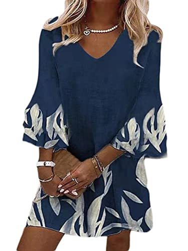 shownicer Damen Kleider Strandkleid Boho Tunika Sommerkleid V-Ausschnitt Blumenkleid Lose A-Linie 3/4-Arm Mini Kleider Spitze Quaste Freizeit Kleid D Blau XL von shownicer