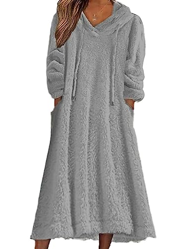 shownicer Damen Lang Fleece Kleid mit Kapuze Langarm Rundhals Hoodie Lässige Lose Kapuzenpullover-Kleid Warme Plüsch Longpullover mit Taschen Herbst Winter A Grau L von shownicer