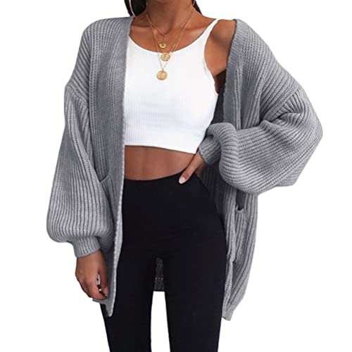 shownicer Damen Lang Strickjacke Oversize Langarm Sweater Cardigan Casual Strickmantel Herbst Outerwear mit Tasche A Grau S von shownicer