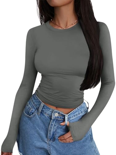 shownicer Damen Langarmshirt Slim Fit Rundhals Langarm T-Shirt Y2K Tops Oberteile Einfarbig Basic Crop Top Casual Y2K Aesthetic Clothes Streetwear Clean Girl Klamotten A Dunkelgrau M von shownicer