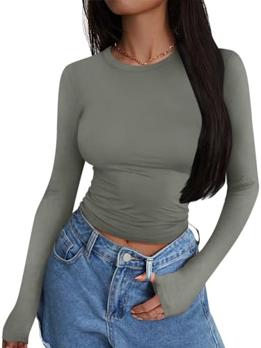 shownicer Damen Langarmshirt Slim Fit Rundhals Langarm T-Shirt Y2K Tops Oberteile Einfarbig Basic Crop Top Casual Y2K Aesthetic Clothes Streetwear Clean Girl Klamotten A Grau S von shownicer