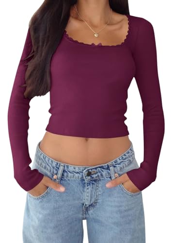 shownicer Damen Langarmshirt Y2k Tops Sexy Oberteil U-Ausschnitt Einfarbig Langarm Crop Top Aesthetic Clothes Slim Oberteile Mädchen Outfits Streetwear A Violett L von shownicer