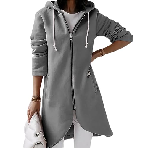 shownicer Damen Lange Hoodie Jacke Langarm Zip Cardigan Kapuzenpullover Winter Warm Lang Ubergangsmantel mit Kapuze Sweatshirtjacke Mantel mit Taschen A Grau 3XL von shownicer