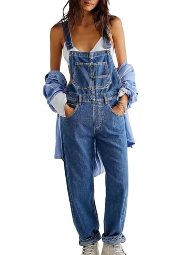 shownicer Damen Latzhose Jeans Lange Hose Denim Overall Jumpsuit Playsuit Jeans Vintage Loose Fit Hoseanzug Romper A Dunkelblau S von shownicer