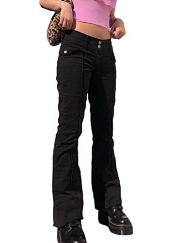 shownicer Damen Low Waist Cargo Jeans Gerade Breites Bein Baggy Flare Denim Hose Y2k Indie Aesthetic Vintage Jeanshosen 90er Streetwear F Schwarz M von shownicer