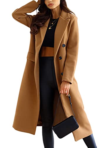 shownicer Damen Mantel Elegant Lang Wollmantel Mode Langarm Umlegekragen Einfarbig Trenchcoat Warme Outwear Herbst Winter Jacke mit Gürtel D Khaki XXL von shownicer