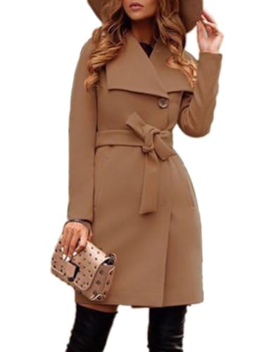 shownicer Damen Mantel Elegant Lang Wollmantel Mode Langarm Umlegekragen Einfarbig Trenchcoat Warme Outwear Herbst Winter Jacke mit Gürtel E Khaki L von shownicer