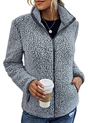 shownicer Damen Plüsch Jacke Langarm Fleece Mantel Herbst Winter Warm Stehkragen Übergangsjacke mit Taschen Casuale Zip Cardigan Outwear A Grau L von shownicer