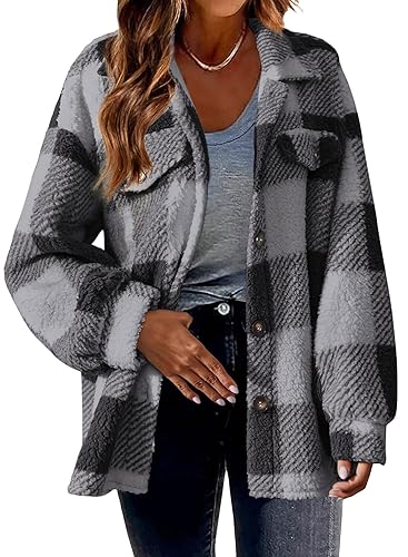 shownicer Damen Plüschjacke Kariert Gefütterte Fleece Jacke Winterjacke Plaid Mantel Reißverschluss Herbst Winter Warme Outwear Mit Kapuze Taschen A Grau M von shownicer