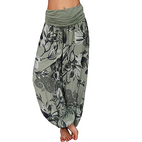 shownicer Damen Pumphose Haremshose Blumenmuster Sommer Boho Baggy Hose Ballonhose Pluderhose Yogahose Aladinhose Harem Stil mit Elastischen C Armeegrün XL von shownicer